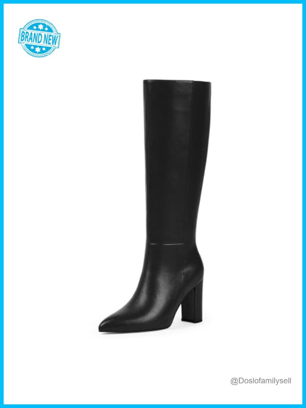Faux Leather Knee High Boots Pointed Toe Chunky Heel Side Zip